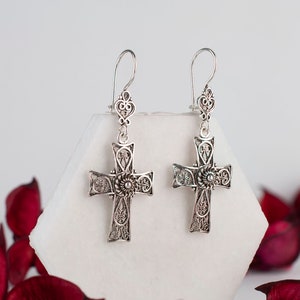 Silver Cross Earrings, 925 Sterling Silver Artisan Crafted Filigree Dangle Drop Cross Earrings Christian Religious Jewelry Gifts for Her