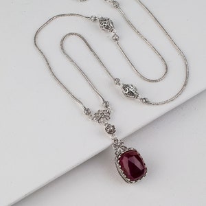 Ruby Silver Necklace,925 Sterling Silver Opaque Ruby Red Corundum Artisan Adjustable Necklace 20" + 2" Ext Women Jewelry Gifts Boxed for Her