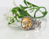 Citrine Silver Ring,925 Sterling Silver Genuine Citrine Gemstone Artisan Crafted Filigree Round Ring Women Trendy Jewelry Gift Boxed for Her