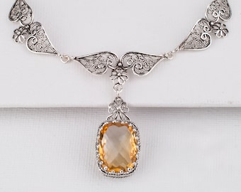 bib necklace online Genuine Citrine Silver Necklace, Sterling Silver Genuine Citrine Artisan Crafted Filigree Statement Bib Necklace Women Jewelry Gifts Boxed