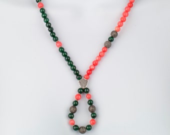 Natural Malachite & Coral Bead Silver Necklace 925 Sterling Designer Very Feminine  Limited  Malachite Necklace Jewelry Gift Boxed for her