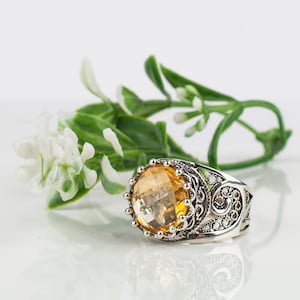 Citrine Silver Ring,925 Sterling Silver Genuine Citrine Gemstone Artisan Crafted Filigree Round Ring Women Trendy Jewelry Gift Boxed for Her