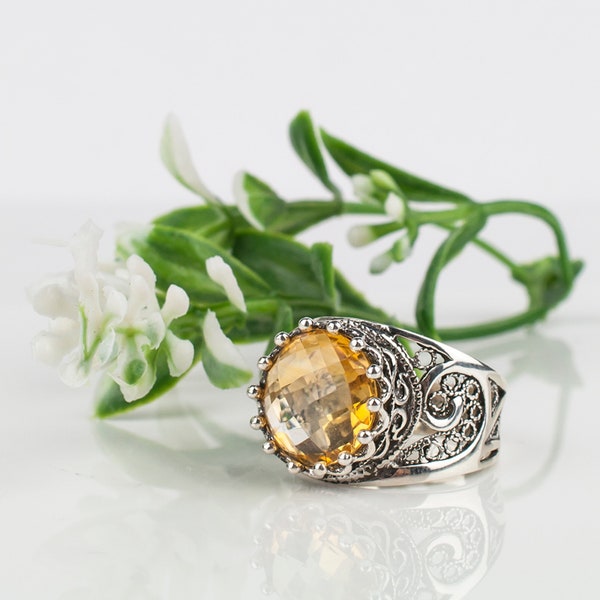 Antique Finish Filigree Sterling Silver Ring With Genuine Citrine (1.8 CT. T.W) - Round Cut, 8mm - View #7