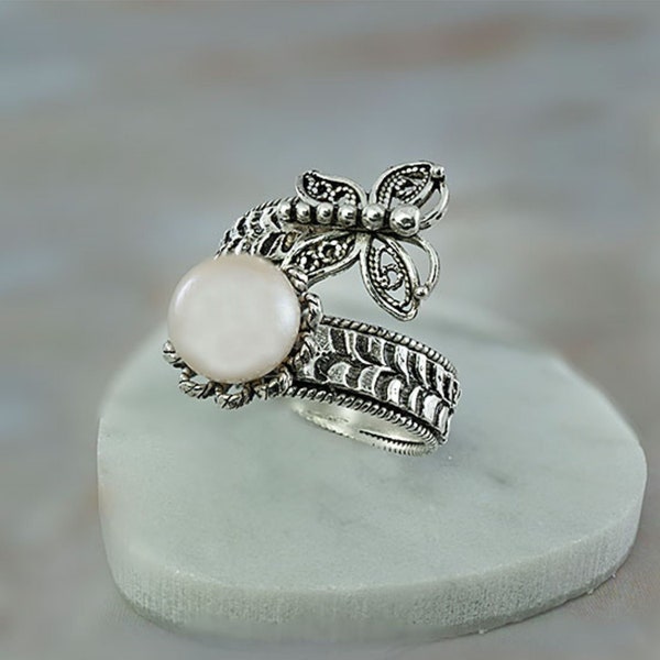 Pearl Butterfly Ring, 925 Sterling Silver Freshwater Cultured Pearl Artisan Filigree Adjustable Bypass Butterfly Ring Women Jewelry Gifts