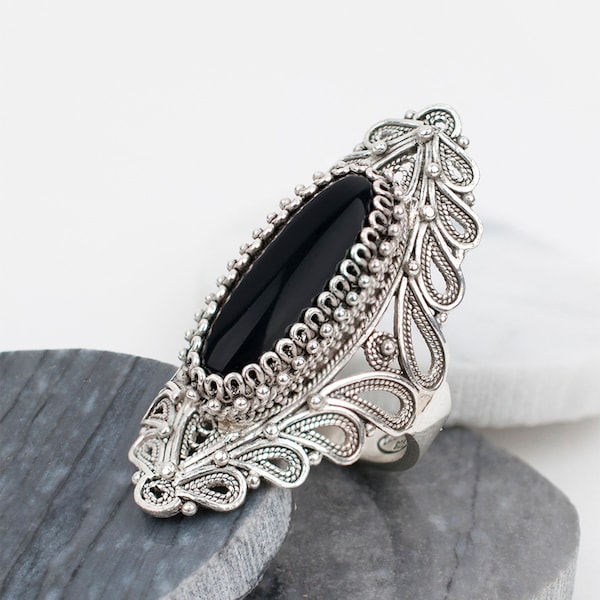 Black Onyx Silver Ring, 925 Sterling Silver Black Onyx Filigree Oval Elongated Statement Ring 10 Carat Natural Gemstone Gift Boxed for Her