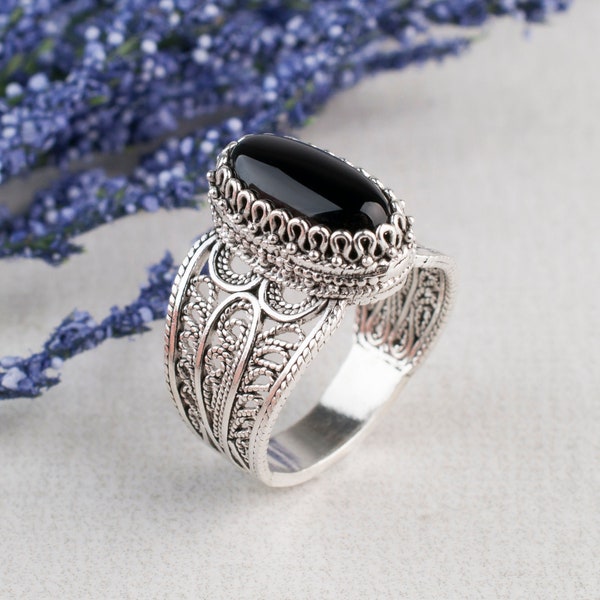 Black Onyx Silver Ring 925 Sterling Silver Genuine Gemstone Artisan Crafted Filigree Cocktail Statement Women Jewelry Gift Boxed Half Sizes