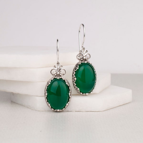 Boucles d'oreilles en agate verte naturelle, argent sterling 925, véritable agate verte, pierres précieuses artisanales, boucles d'oreilles pendantes ovales, bijoux pour femmes, coffret cadeau