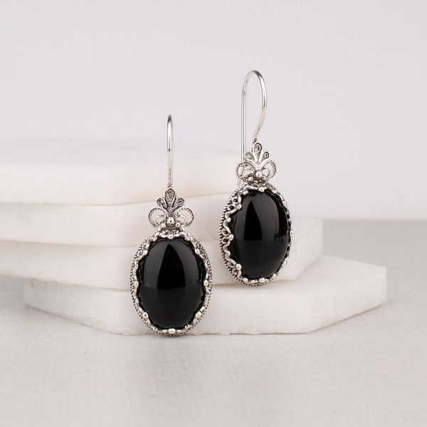 Natural Black Onyx Earrings 925 Sterling Silver Genuine Black Onyx Gemstones Artisan Crafted Oval Drop Earrings Women Jewelry Gift Boxed