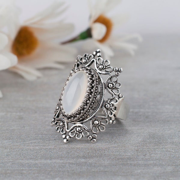 Natural Moonstone Silver Ring,925 Sterling Silver Genuine Moonstone Artisan Crafted Filigree Ornate Ring  Women Jewelry Gifts Boxed for Her