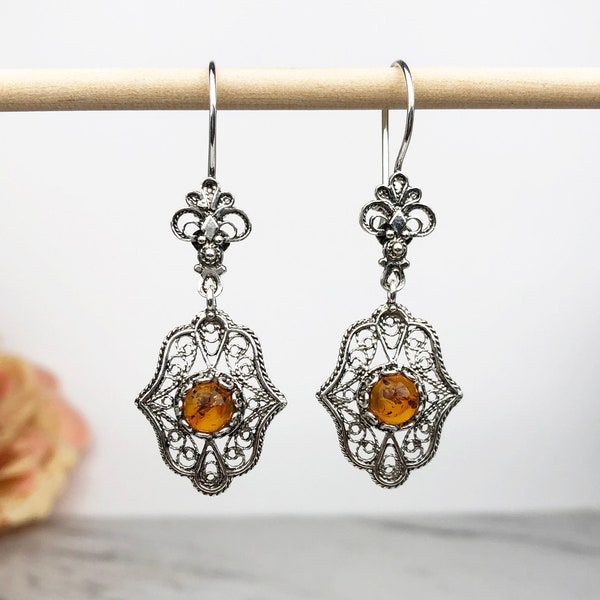 Natural Amber Silver Earrings, Sterling Silver Genuine Amber Handmade Artisan Crafted Filigree Earrings Women Jewelry Gifts Boxed for Her