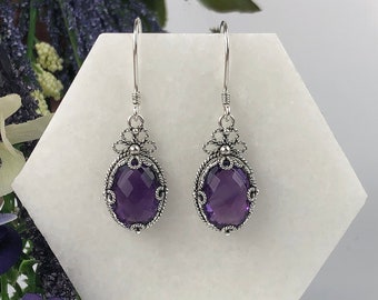 Boucles d'oreilles pendantes en argent améthyste violette naturelle, boucles d'oreilles pendantes artisanales en argent sterling améthyste violette véritable, cadeaux bijoux