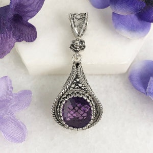 Natural Purple Amethyst Silver Pendant, 925 Sterling Silver Genuine Purple Amethyst Gemstone Handmade Artisan Crafted Filigree Pendant Gift