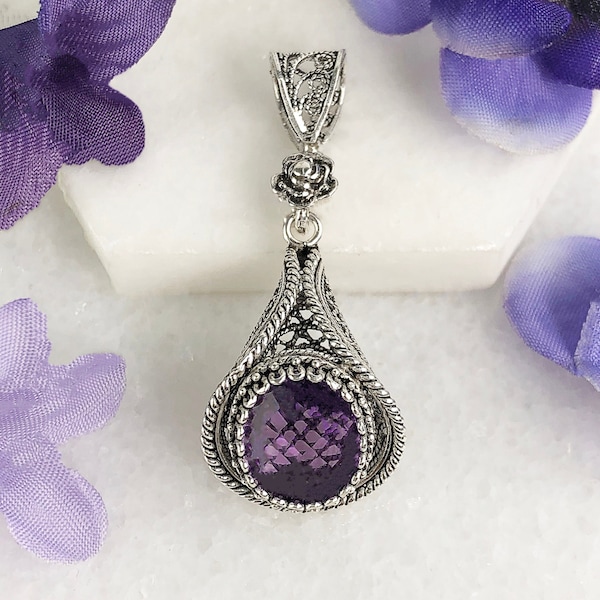 Natürlicher lila Amethyst Silberanhänger, 925 Sterling Silber Echter lila Amethyst Edelstein handgemachtes kunsthandwerkliches filigranes Anhänger Geschenk