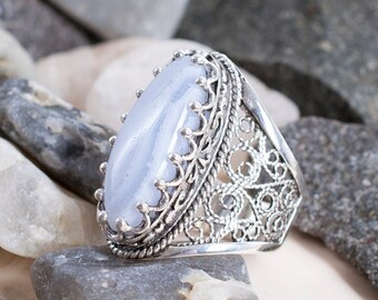 Blue Lace Agate Ring Cabochon Gemstone Split Band Ring 925 Sterling Silver Ring Statement Ring Handmade Ring Cushion Gemstone Ring