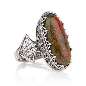 Natural Unakite Silver Ring 925 Sterling Silver Genuine Gemstone Knuckle to Knuckle Elongated Long Statement Ring Women Jewelry Gift Boxed