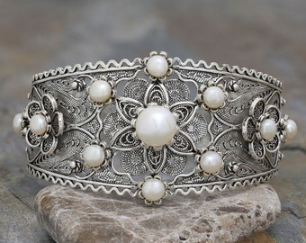 Handmade Pearl Silver Cuff Bracelet, Pearl and 925 Sterling Silver Artisan Filigree Adjustable Cuff Bracelet, Jewelry Gift Boxed for Her