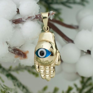 14K Solid Gold Blue Evil Eye Good Luck Hamsa Hand Charm Pendant, 14k Solid Gold  Evil Eye Hamsa Hand Protection Jewelry Gifts Boxed for Her
