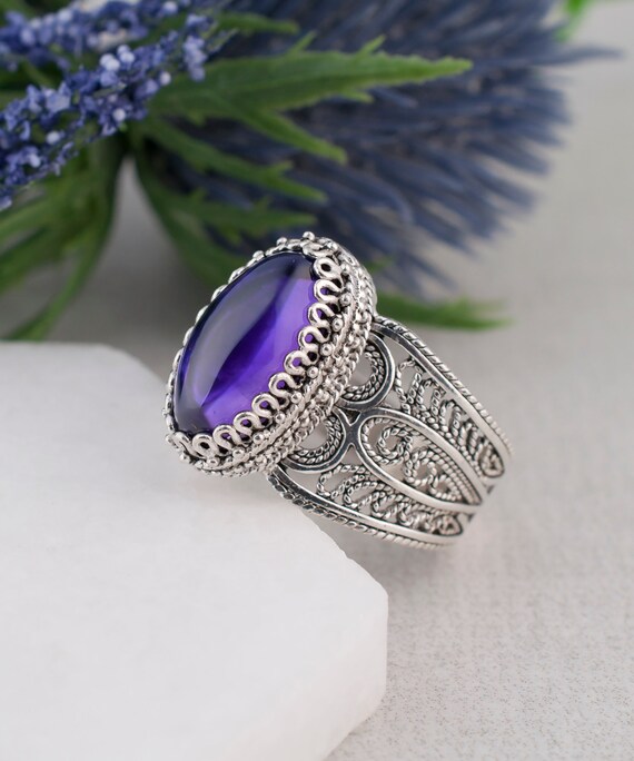 Veritable bague en argent avec pierre precieuse amethyste violette en argent sterling 925 fait a la main artisan en filigrane cocktail bijoux cadeau en boite pour ses demi tailles Etsy France