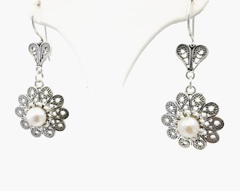 Pearl & Silver Earrings 925 Sterling Lacey, Dangling Drop,  Feminine, Round Daisy Earrings, Bridal Jewelry, Valentine Gift Boxed  for Her