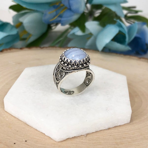 Natural Blue Lace Agate Ring 925 Sterling Silver Genuine Cabochon Gemstone Handmade Artisan Crafted Filigree Ornate Jewelry Gift Boxed