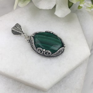 Natural Malachite Silver Pendant, 925 Sterling Silver Green Malachite Gemstone Filigree Oval Artisan Pendant Women Jewelry Gift for Her