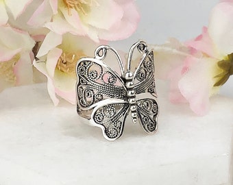 Silver Butterfly Ring, 925 Sterling Silver Handmade Artisan Crafted Filigree Wrap Around Butterfly Monarch Ring Women Jewelry Gifts Boxed