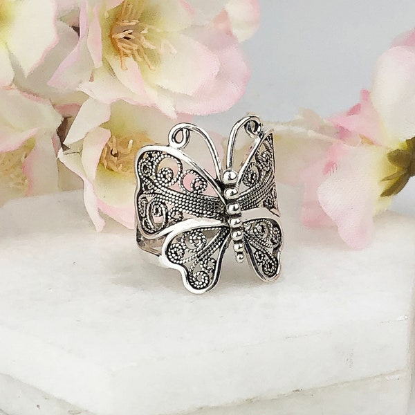 Silver Butterfly Ring, 925 Sterling Silver Handmade Artisan Crafted Filigree Wrap Around Butterfly Monarch Ring Women Jewelry Gifts Boxed