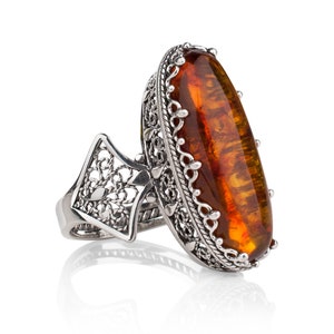 Long Bold Silver Amber Ring, Size 5-12, 925 Sterling Designer Ornate 8 ct genuine gemstone, Knuckle to Knuckle Valentine gift boxed for her