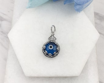 Evil Eye Silver Charm Pendant, 925 Solid Sterling Silver Blue Glass Bead Evil Eye Good Luck Protection Charm Pendant Jewelry Gift