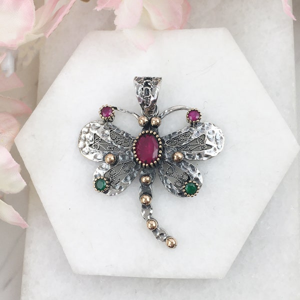 Dragonfly Pendant, Blackened Hammered Sterling Silver Ruby Emerald Stones Dragonfly Pendant Jewelry Gift Symbol of Good Luck and Prosperity