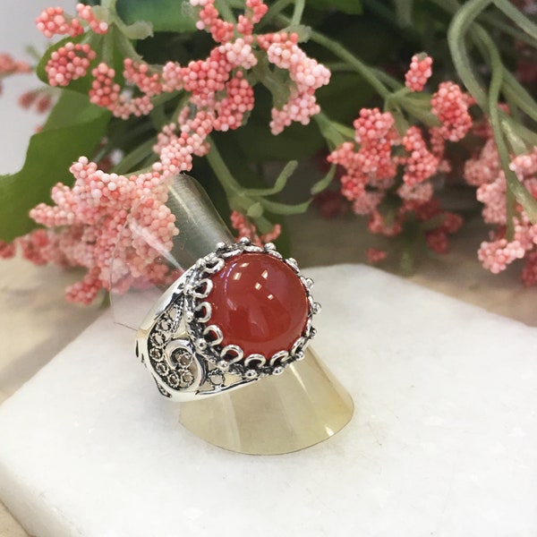 Natural Carnelian Silver Ring,925 Sterling Silver Genuine Carnelian Cabochon Gemstone Handmade Artisan Crafted Round Ring Jewelry Gift Boxed