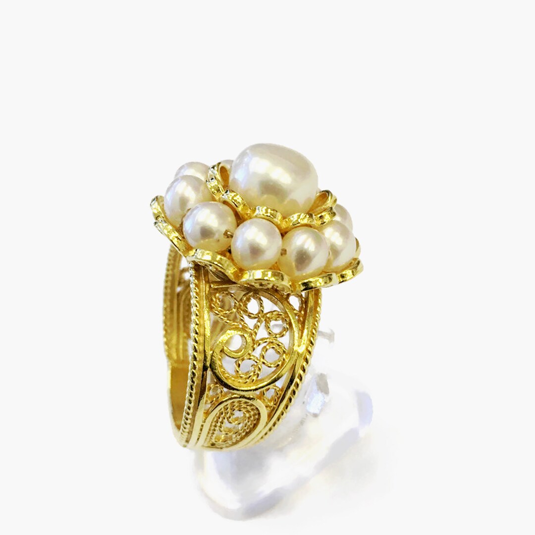 14K Solid Gold Pearl Ring Double Layer Exceptionally Beautiful Designer ...