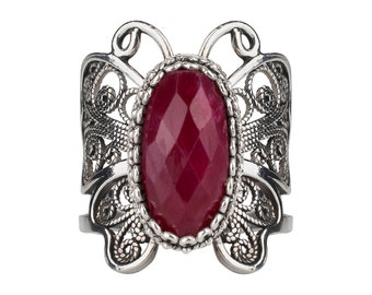 Ruby Silver Butterfly Ring,925 Sterling Silver Genuine Opaque Ruby Red Corundum Artisan Crafted Filigree Butterfly Monarch Ring Gift Boxed