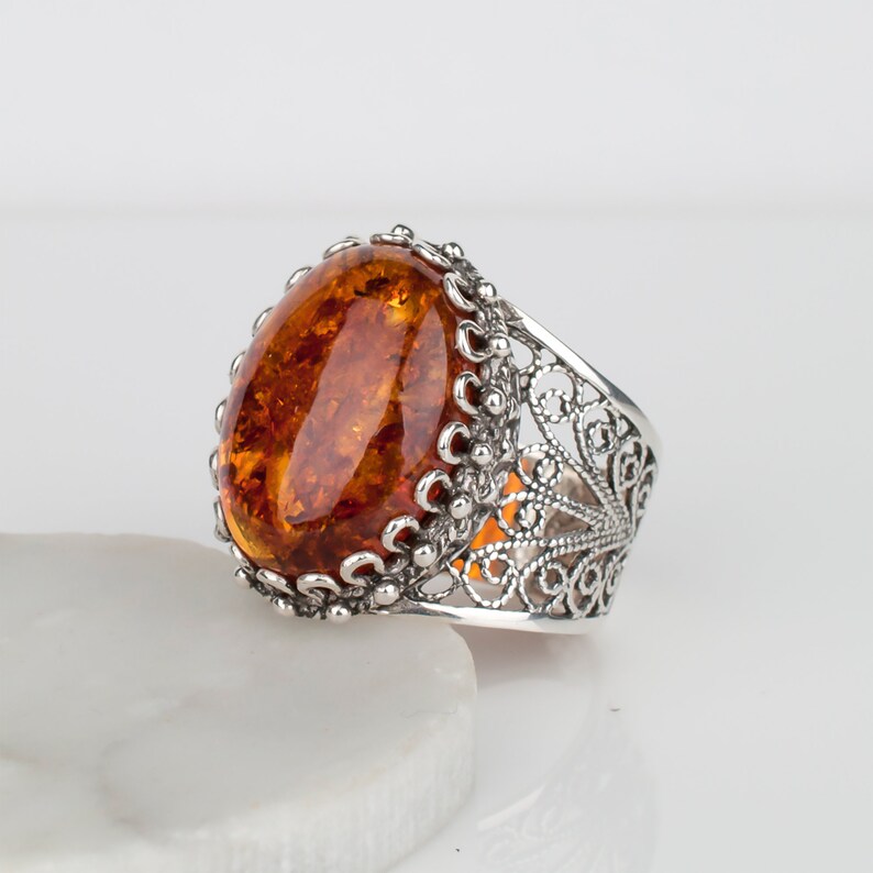 Amber & Sterling Bold Statement Ring 925 Silver Designer Etsy