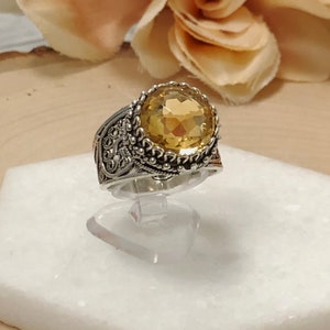 Genuine Citrine Silver Ring, 925 Sterling Silver Natural Yellow Citrine Gemstone Ring Artisan Filigree Paisley Round Women Jewelry Gifts