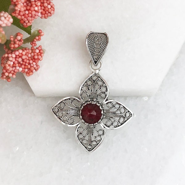 Ruby Silver Pendant, Sterling Silver Genuine Red Ruby Gemstone Handmade Artisan Filigree 4 Leaf Petal Luck Flower Pendant Women Jewelry Gift