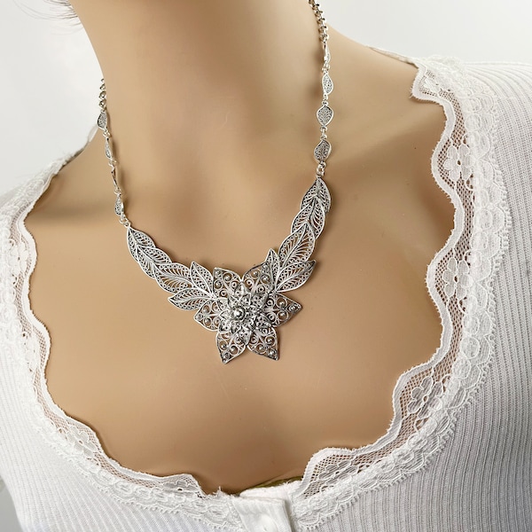 Handmade Silver Necklace, 925 Sterling Silver Artisan Crafted DGS Ornate Filigree Flower Statement Necklace Women Jewelry Gift Boxed for Her