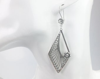 Boucles d'oreilles longues losanges en argent faites à la main, boucles d'oreilles losanges longues losanges en filigrane artisanal en argent sterling 925 femmes bijoux cadeaux