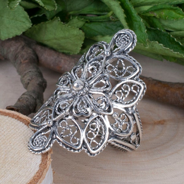 Handmade 925 Sterling Silver Artisan Crafted Lace Filigree Flower and Leaves Cocktail Ring Women Jewelry Gift Boxed for Her