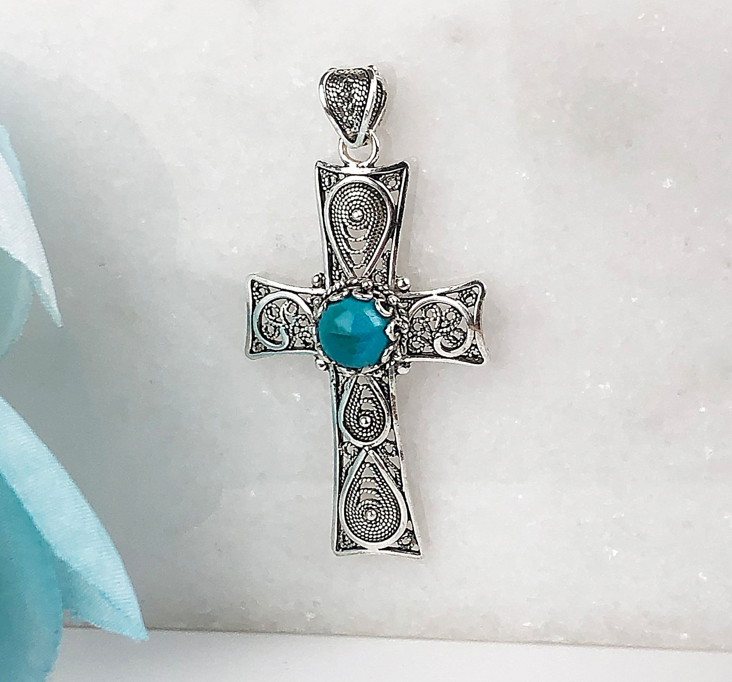 Silver cross with turquoise stone sale