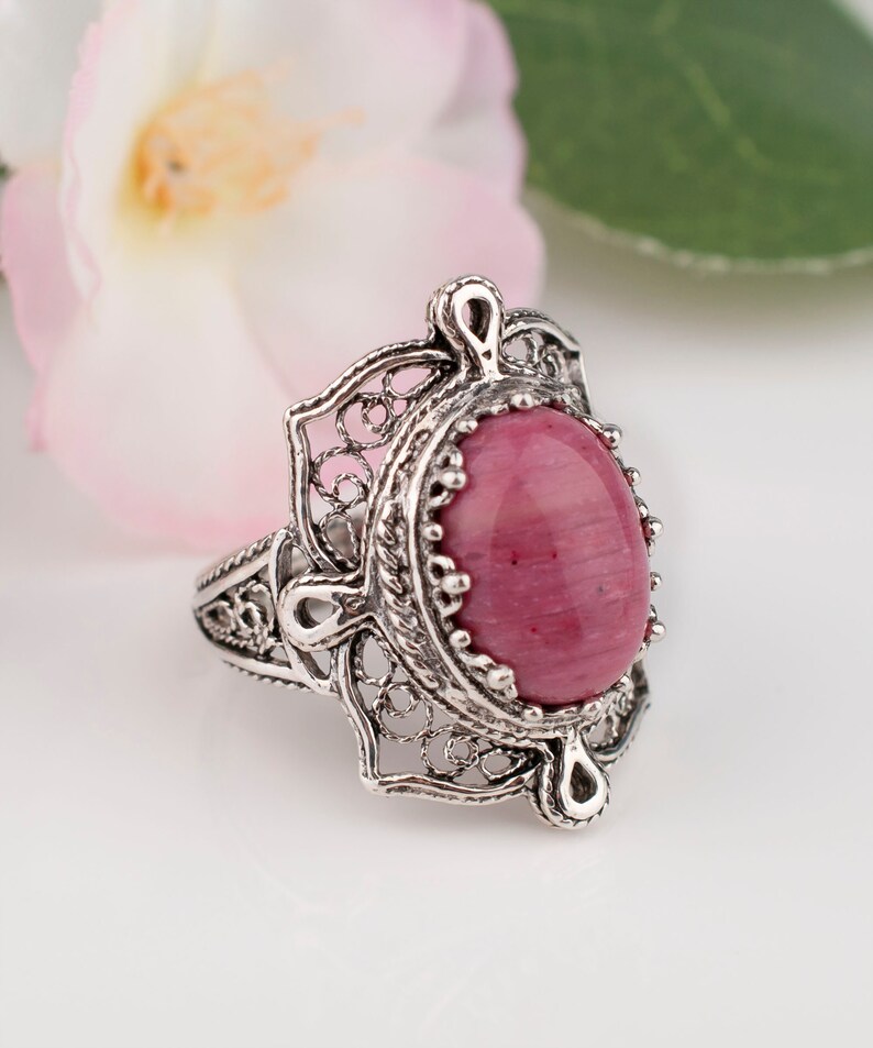 Natural Pink Rhodonite Silver Ring 925 Sterling Silver Genuine Gemstone Artisan Crafted Filigree Statement Ring Women Jewelry Gift Boxed