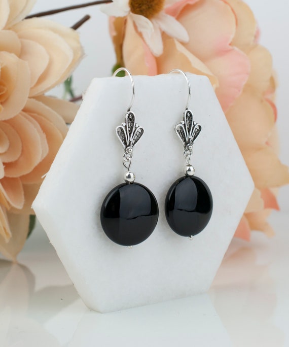 Black onyx drop earrings sterling silver discount