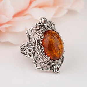 Natural Amber Silver Ring 925 Sterling Silver Authentic Amber Handmade Artisan Crafted Ornate Filigree Women Jewelry Gift Boxed for Her