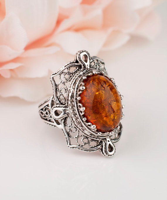 Bague en argent ambre naturel en argent sterling 925 ambre authentique fait main artisanal fleuri en filigrane bijoux pour femme dans une boite cadeau pour elle Etsy France