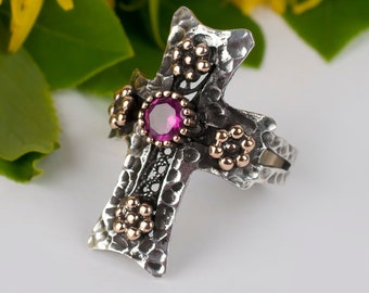 Blackened Silver Ruby Cross Ring, 925 Sterling Silver Red Ruby Corundum Artisan Crafted Cross Ring Christian Religious Jewelry Gifts for Her