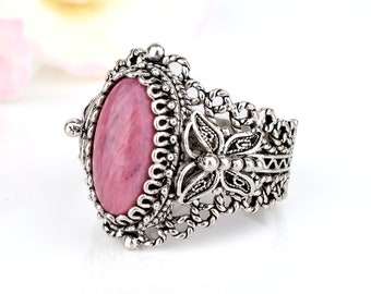 Natural Pink Rhodonite Butterfly Ring 925 Sterling Silver Genuine Gemstone Artisan Crafted Filigree Women Jewelry Gift Boxed Half Sizes