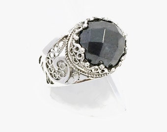 Hematite Silver Ring 925 Sterling,  Cocktail Ring, Artisan Crafted Filigree Faceted Black Hematite Ring  5 CTTW Valentine Gift Boxed for her