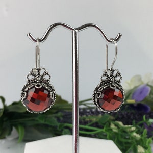 Ruby Silver Drop Earrings, Sterling Silver Handmade Ruby Earrings, Ornate Artisan Crafted Art Deco Filigree Women Jewelry Gift Boxed for Her