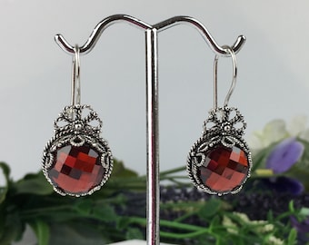 Ruby Silver Drop Earrings, Sterling Silver Handmade Ruby Earrings, Ornate Artisan Crafted Art Deco Filigree Women Jewelry Gift Boxed for Her