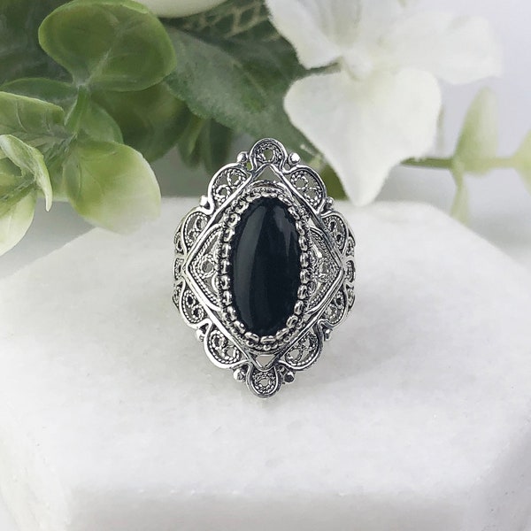 Natuurlijke zwarte onyx zilveren ring, 925 sterling zilver natuurlijke zwarte onyx edelsteen ambachtelijke vervaardigde filigraan statement ring vrouwen sieraden geschenken